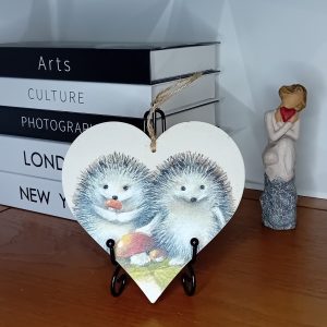 "Autumn Hedgehog Pair" Wooden Heart Wall Hanging