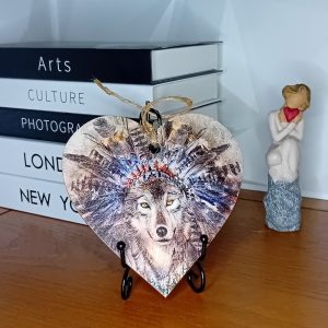 "Wolf In Headdress" Wooden Heart Wall hanging