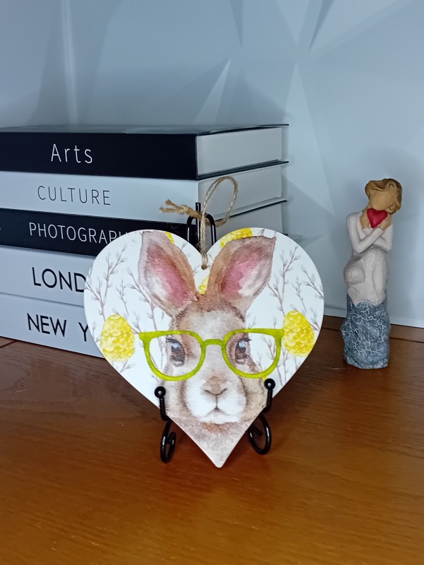 "Spectacle Hare" Wooden Heart Wall Hanging