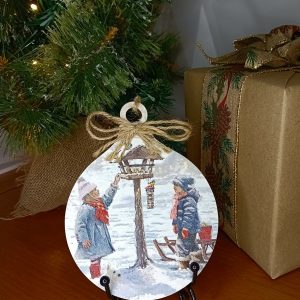 "Bird Feeders" Christmas Wooden Bauble Wall Hanging