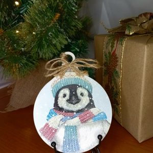 "Bobble Hat Penguin" Christmas Wooden Bauble Wall Hanging