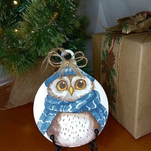"Bobble Hat Owl" Christmas Wooden Bauble Hanging