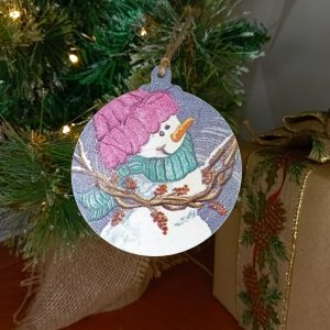 "Bobble Hat Snowman" Wood Bauble Christmas Tree Decoration