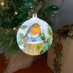 "Holly Robin" Wood Bauble Christmas Tree Decoration