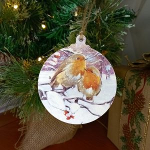 "Robin Pair" Wood Bauble Christmas Tree Decoration