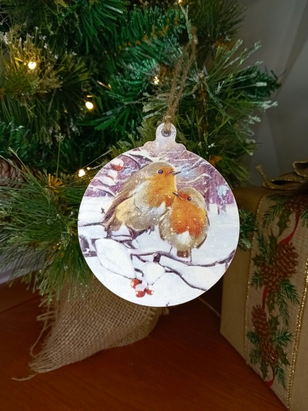 "Robin Pair" Wood Bauble Christmas Tree Decoration