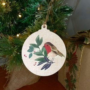 "Rustic Robin" Wood Bauble Christmas Tree Decoration