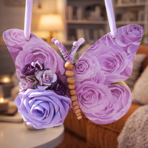 "Lilac Floral Butterfly" Wooden Wall Hanging