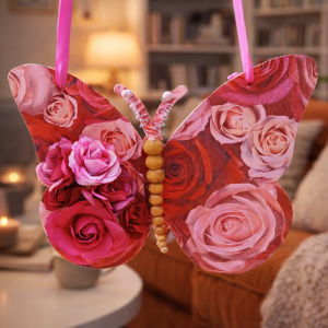 "Red Rose Butterfly" Wooden Wall Hanging