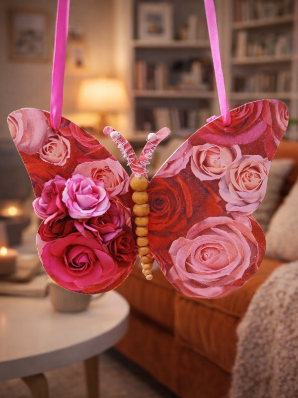 "Red Rose Butterfly" Wooden Wall Hanging
