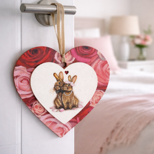"Wedding Bunny Rose" Wooden Heart Hanging